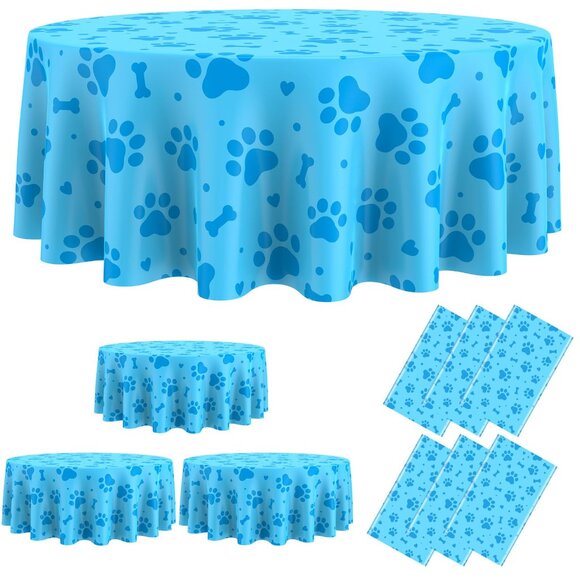 84 Inch Round Plastic Tablecloth Set - 6 Paw Print Disposable Covers